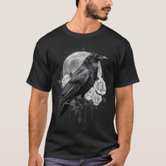 Camiseta Lua Corvo Rosa Arrepiante Preto Gótico Espiritual