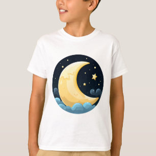 Camiseta Lua Crescente de Desenho Animado e Estrelas - Céu 