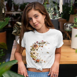 Camiseta Lua Crescente Floral l Obra de Arte de Flor Prensa
