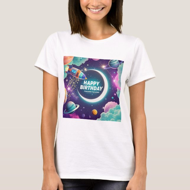 Camiseta Lua de aniversário feliz da Galáxia, estrelas (Frente)