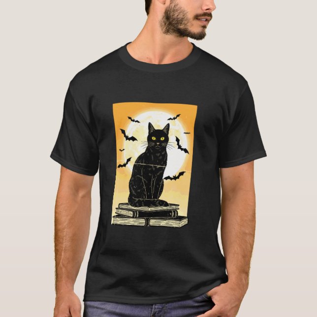 Camiseta Lua de Gato Preto & Morcegos Retro (Frente)