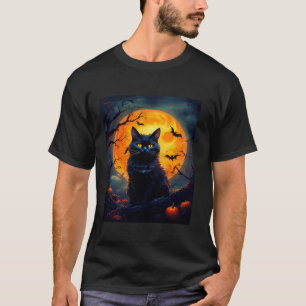 Camiseta Lua e Morcegos de Laranja de Gato Halloween e Bomb