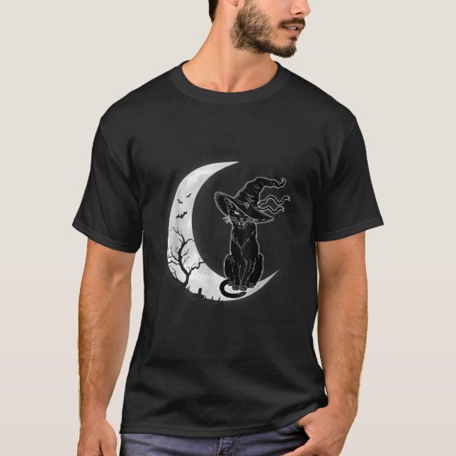Camiseta Lua Halloween Assustador Preto Gato Costume Bruxa  (Frente)