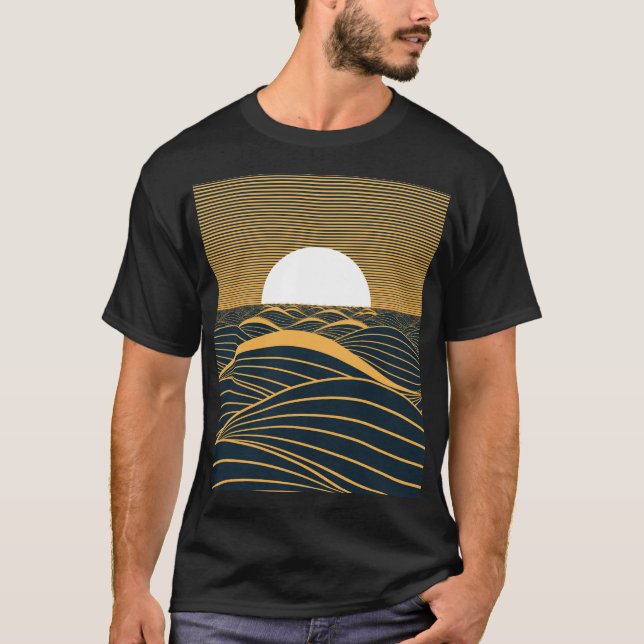 Camiseta Lua-sol estilizada, ilustração do mar escuro. (Frente)