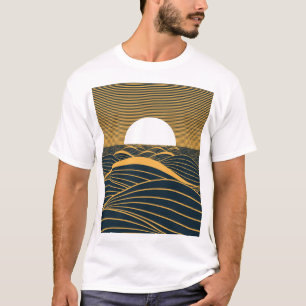 Camiseta Lua-sol estilizada, ilustração do mar escuro.
