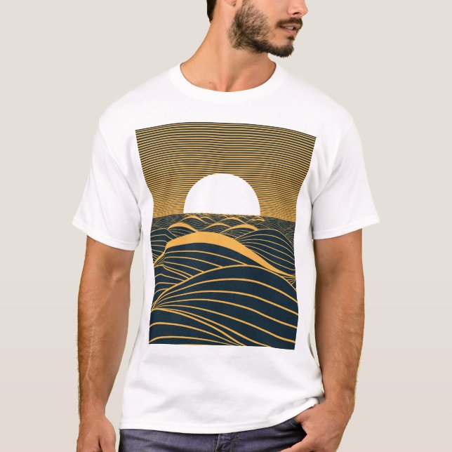 Camiseta Lua-sol estilizada, ilustração do mar escuro. (Frente)