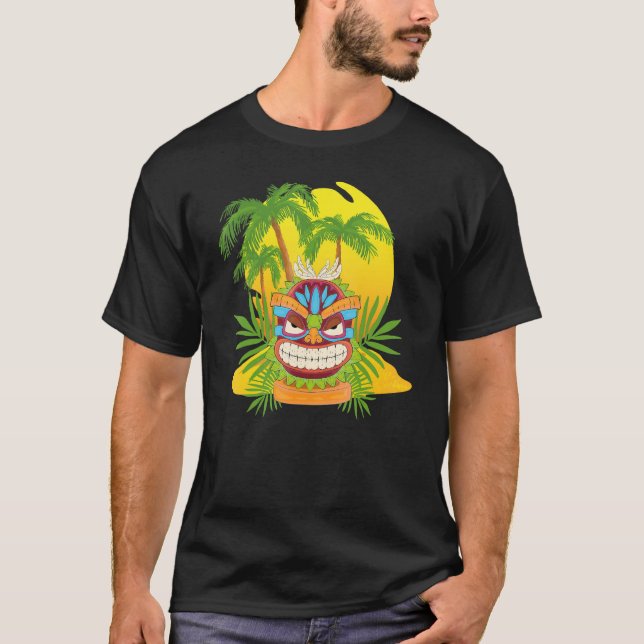 Camiseta Luau Havaiano Tiki Mask Polynésia Statue Palm Tre (Frente)