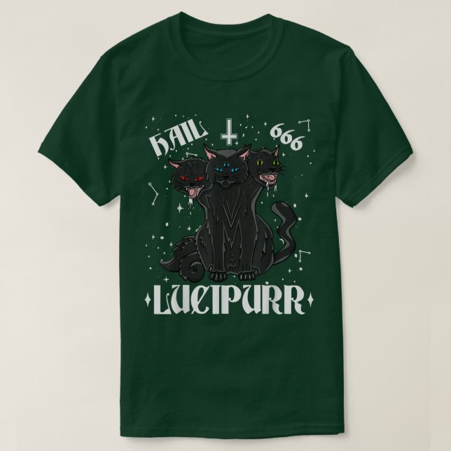 Camiseta Lucipurr Hail Satan Occult Satanic Cat Cerberus Pe (Frente do Design)