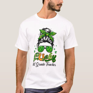 Camiseta Lucky 1St Grade Teacher Patricks Day Bun Hair Plai