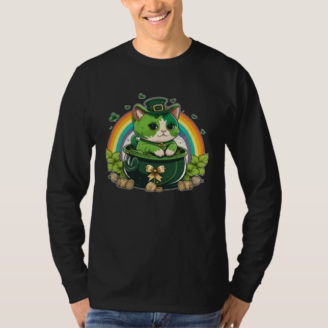 Camiseta Lucky Cat and Pot Rainbow Shamrock St Patrick s Da (Frente)