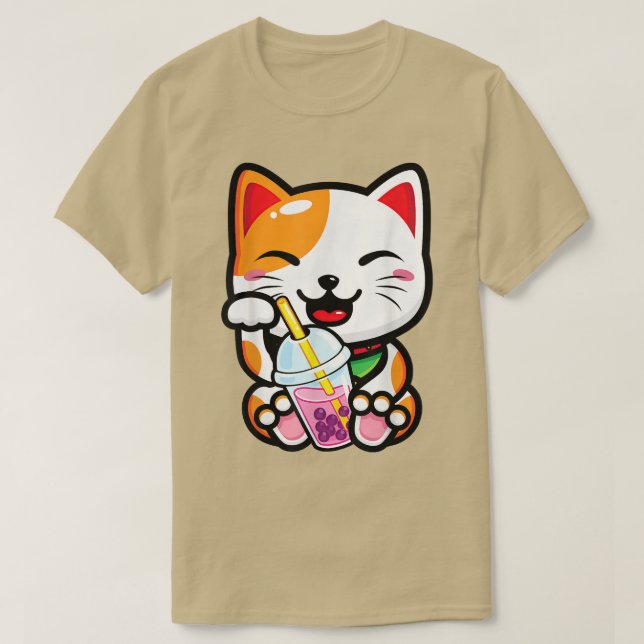 Camiseta Lucky Cat Shirt Cat Boba Tea Bubble Tea Anime Kawa (Frente do Design)