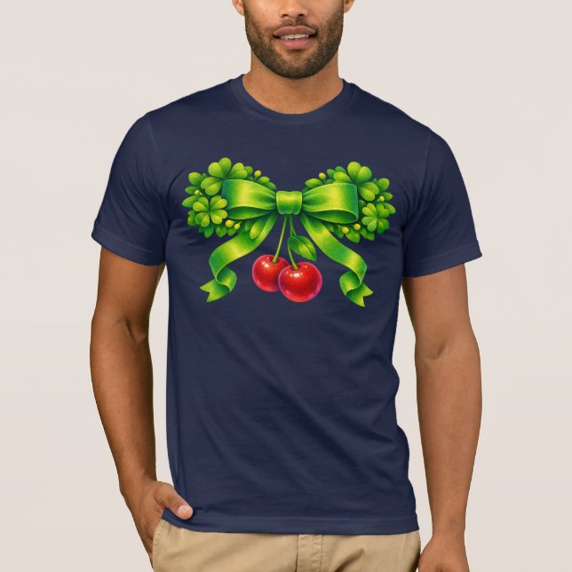 Camiseta Lucky Clover Bow with Cherries Green Design (Frente)