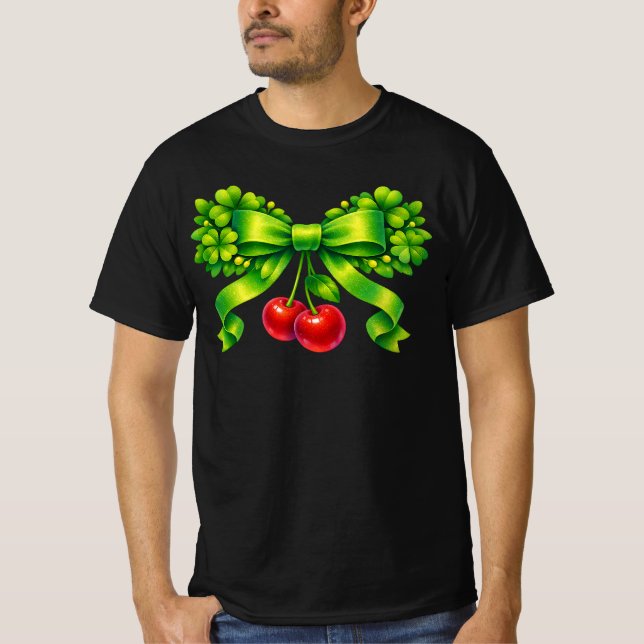 Camiseta Lucky Clover Bow with Cherries Green Design (Frente)