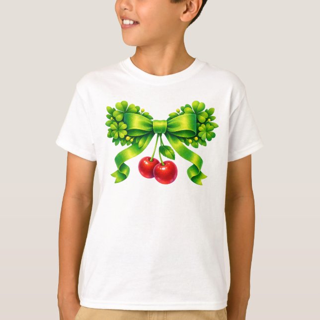 Camiseta Lucky Clover Bow with Cherries Green Design (Frente)