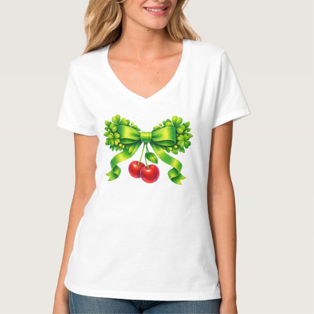 Camiseta Lucky Clover Bow with Cherries Green Design (Frente)