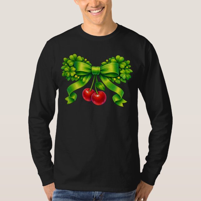 Camiseta Lucky Clover Bow with Cherries Green Design (Frente)