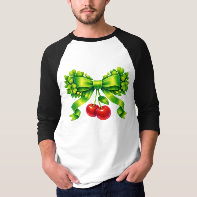 Camiseta Lucky Clover Bow with Cherries Green Design (Frente)