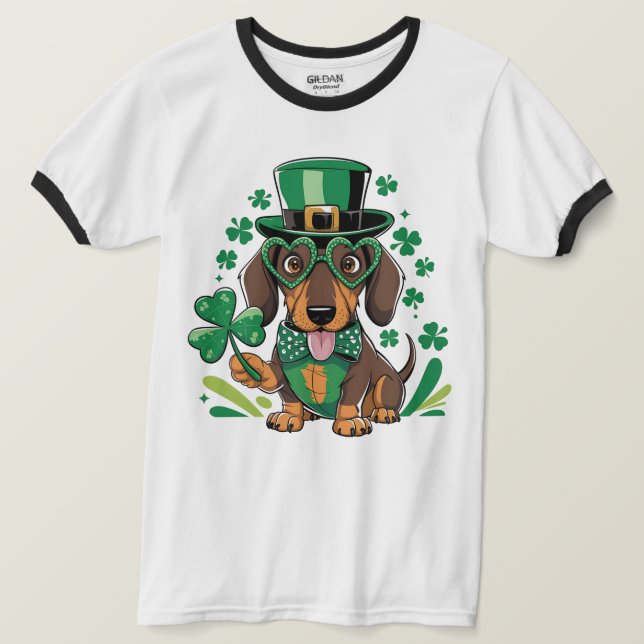 Camiseta Lucky Dachshund Dia de São Patrício Shamrock Dog L (Frente do Design)