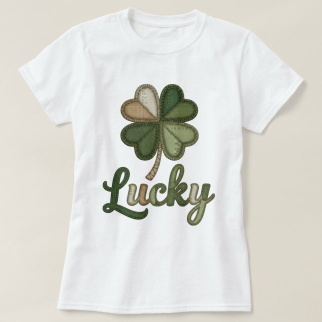 Camiseta Lucky Four Leaf Clover Faux Patchwork T-Shirt (Frente do Design)
