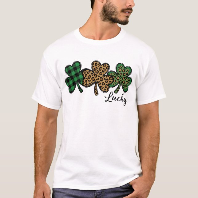 Camiseta Lucky Leopard Plaid Shamrock St Patricks Day (Frente)