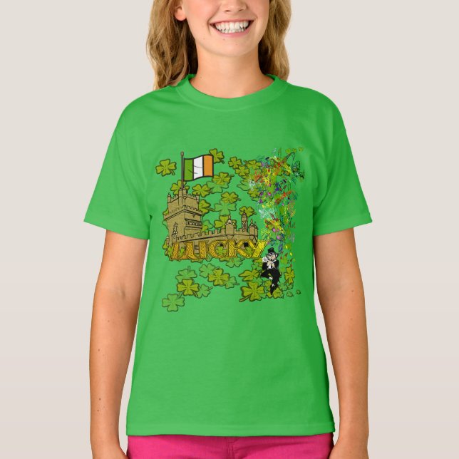 Camiseta Lucky Leprechaun e seu Castelo Irlandês (Frente)
