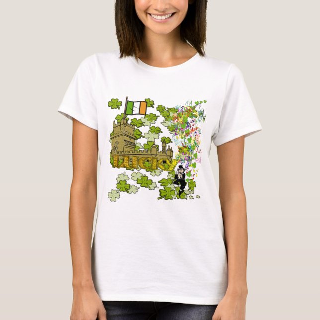Camiseta Lucky Leprechaun e seu Castelo Irlandês (Frente)