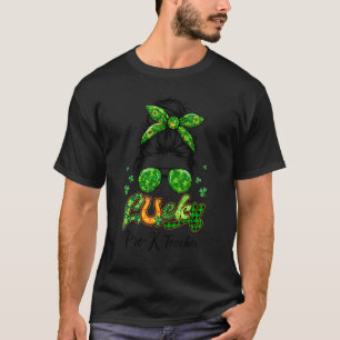 Camiseta Lucky Pre K Professor Patricks Day Bun Hair Xadrez