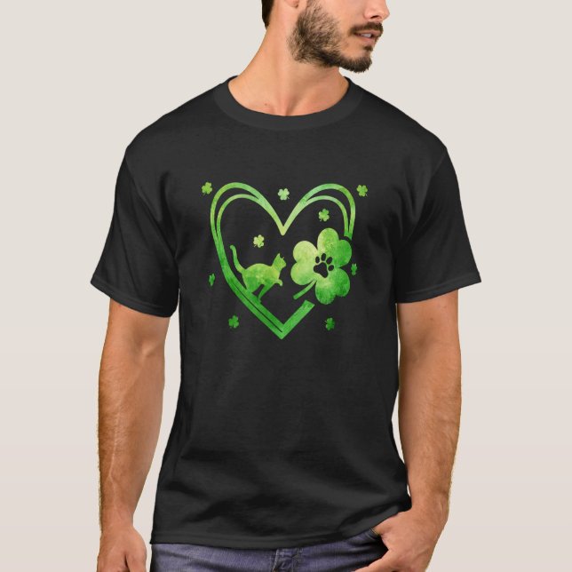Camiseta Lucky Shamrock Heart Cat Paw Print For St Paddy's  (Frente)