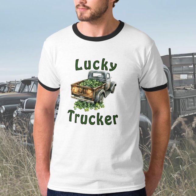 Camiseta Lucky Trucker Retro Black Truck Hauling Shamrocks (Criador carregado)