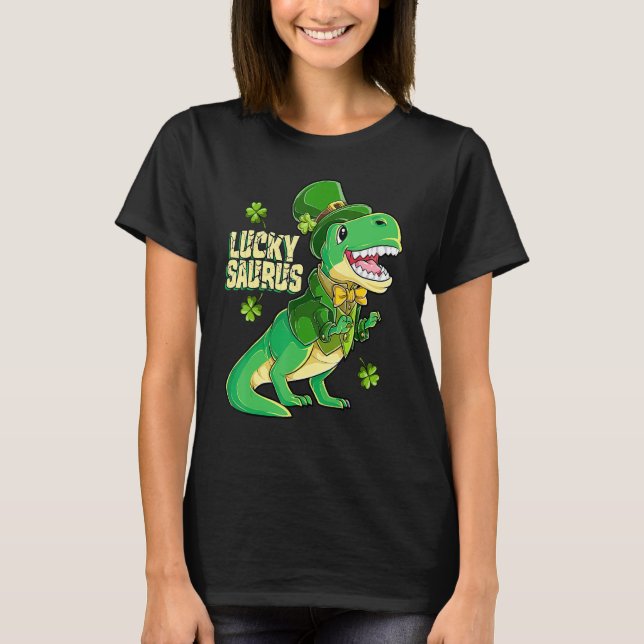 Camiseta Luckysaurus Leprechaun Dinosaur St Patricks Day Bo (Frente)