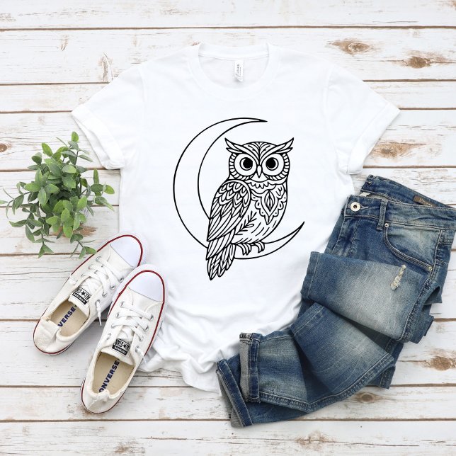 Camiseta Luna Coruja Linha Arte com Lua Crescente (Criador carregado)