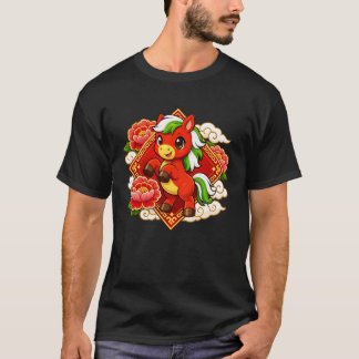 Camiseta Lunar Zodiac Cute Red Chinese New Year of The Hors