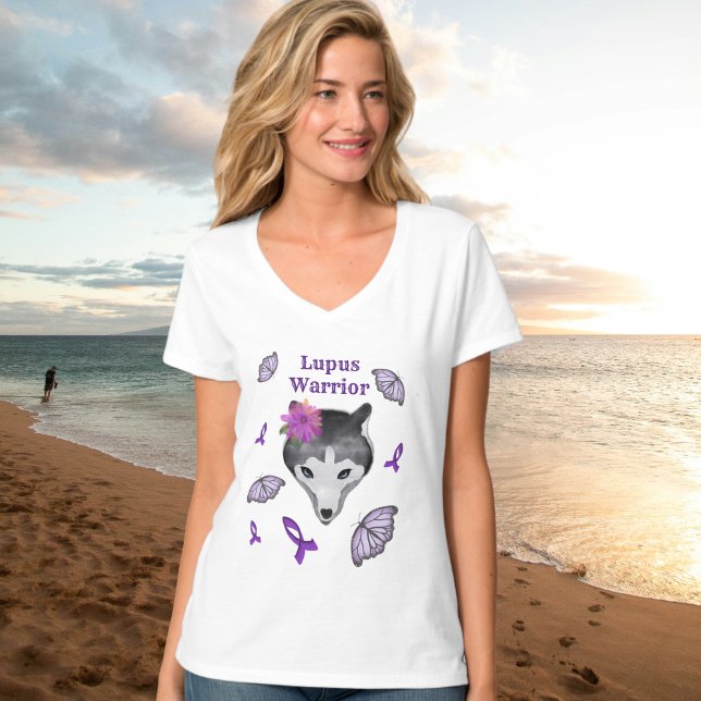 Camiseta Lupus Warrior Wolf Purple Ribbon Button (Criador carregado)