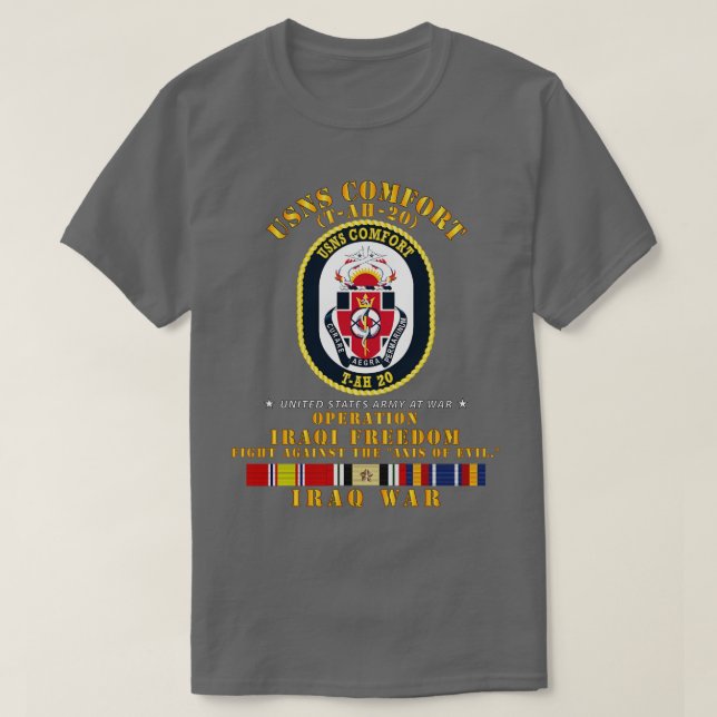 Camiseta Luta de Conforto USNS contra o Eixo da Mau w Iraqu (Frente do Design)