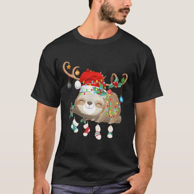 Camiseta Lútero Xmas Gift Lighting Reindeer Santa Hat Sloth (Frente)
