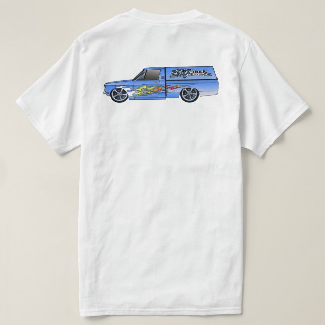Camiseta Luv Truck Garage Flamed Camper design (Verso do Design)