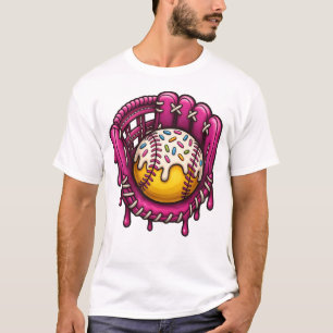 Camiseta Luvas de Beisebol com Gotas Cor-de-Rosa Arte de Co