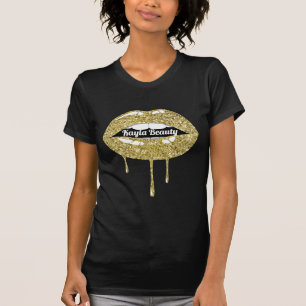 Camiseta Luxo Dourado Beleza Glam Glitter Gotejamento Lábio