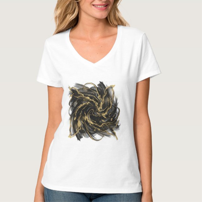 Camiseta Luxury Gold and Black Abstract Marble Ink Flow (Frente)