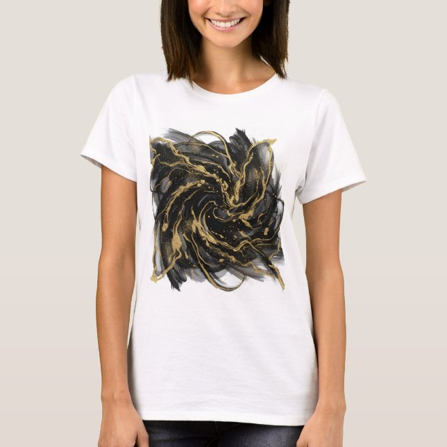 Camiseta Luxury Gold and Black Abstract Marble Ink Flow (Frente)