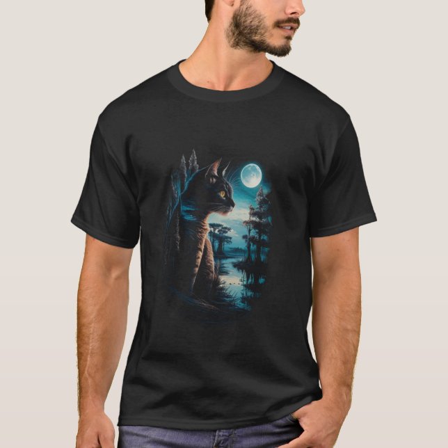 Camiseta Luz da Lua Silhueta de Gato Preto - Gato  (Frente)