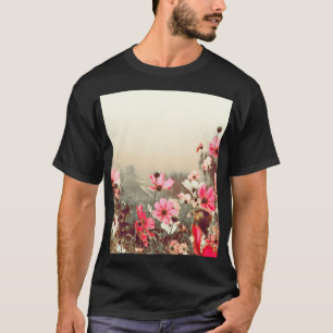 Camiseta Luz da manhã, cosmos rosa florescente.