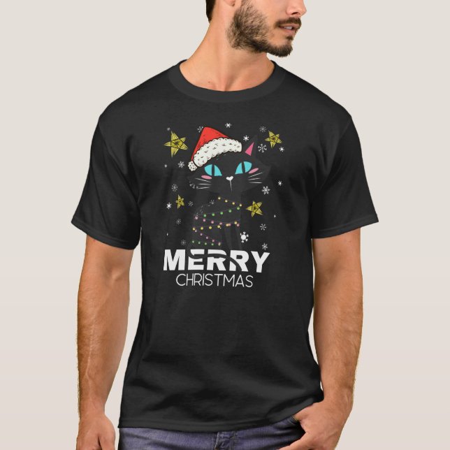 Camiseta Luz de Natal de Gato Negro/Natal de Gato (Frente)