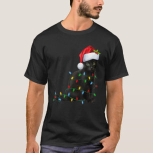 Camiseta Luz de Natal de Gato Preto Chapéu de Papai Noel G