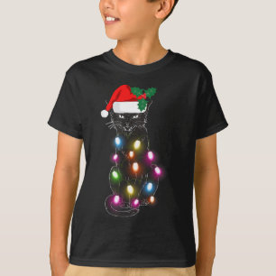Camiseta Luz de Natal de Gato Preto Fofo Diversão Presente