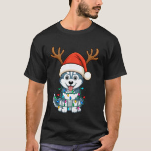 Camiseta Luz de Natal Rena Chapéu de Papai Noel Husky Natal
