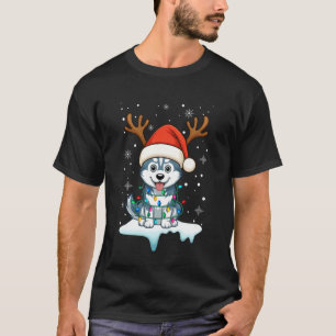 Camiseta Luz de Natal Rena Chapéu do Papai Noel Husky Natal