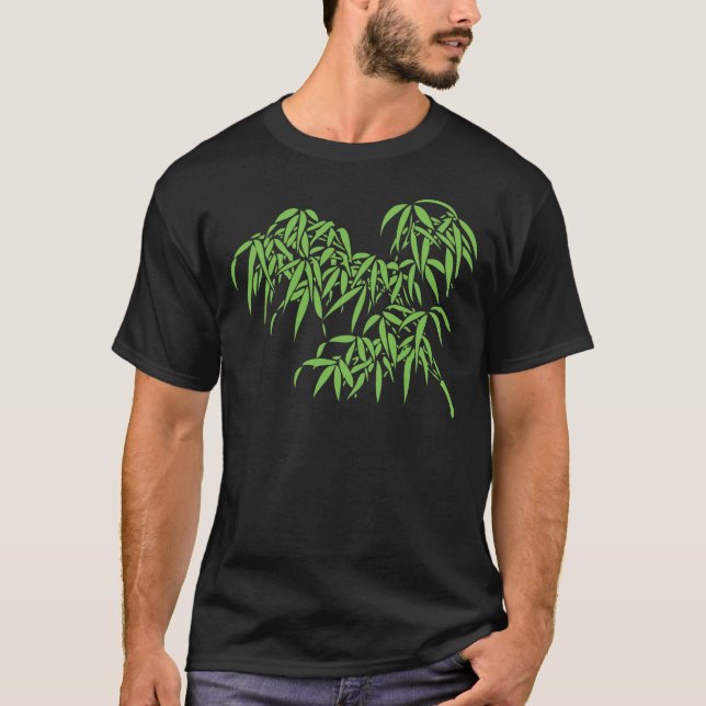 Camiseta Luz - folhas verdes do bambu no preto (Frente)