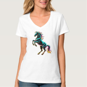 Camiseta Luz Neon de Cavalo Glitch Estilo Retro