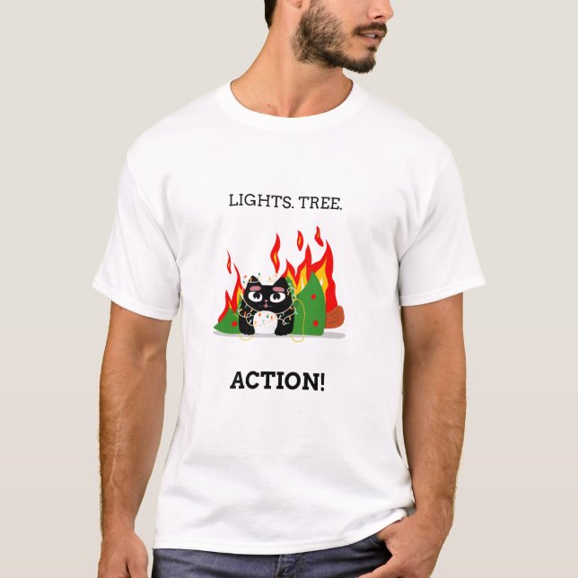 Camiseta Luzes. Árvore. Ação! - Feliz Natal para Gatos (Frente)